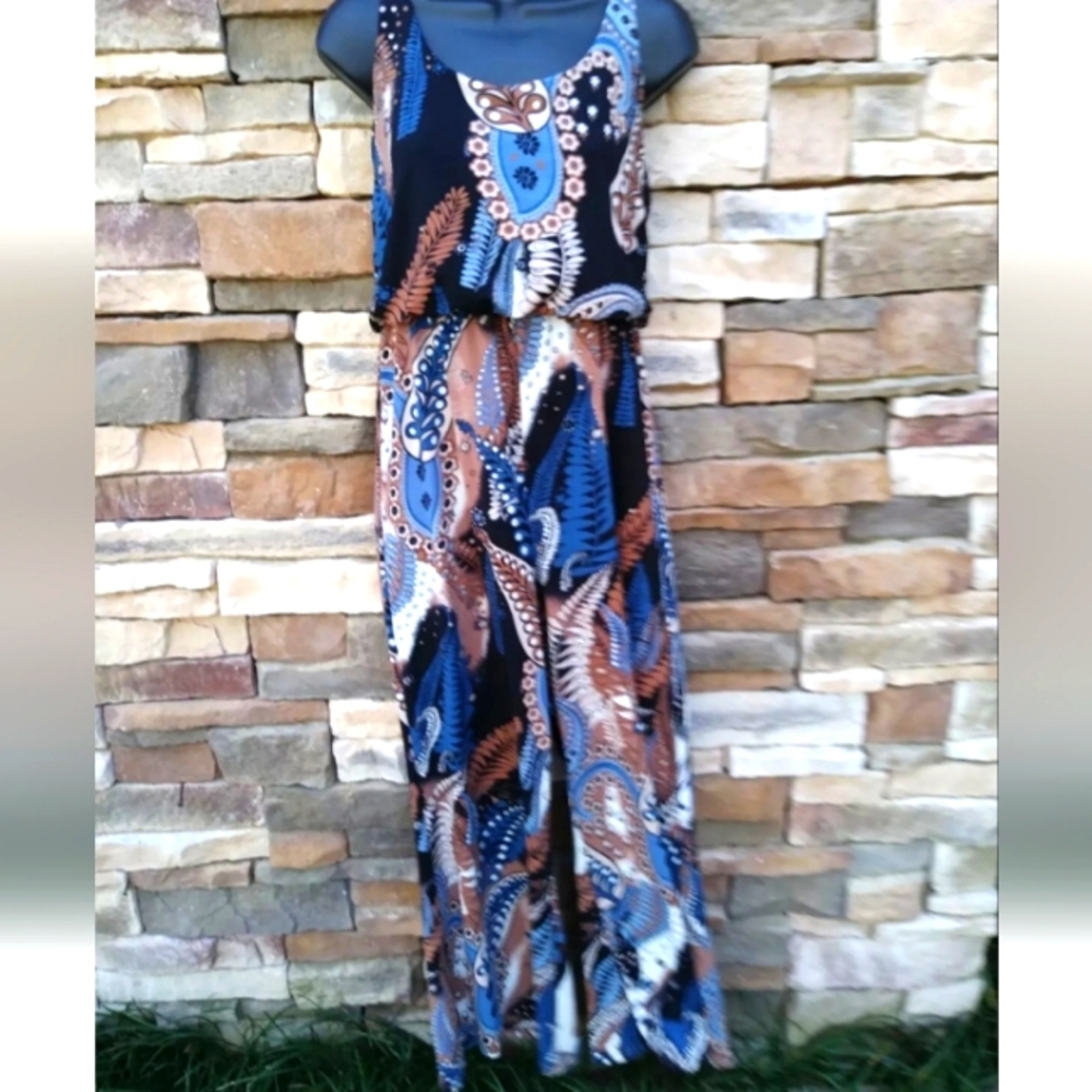 Tank Jumpssuit, Medium, Wide Leg, Blue & Brown Floral